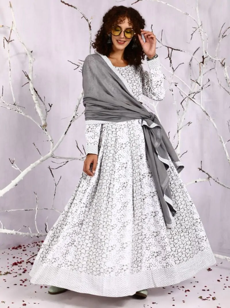White & Grey Floral Printed Lehenga Choli With Dupatta