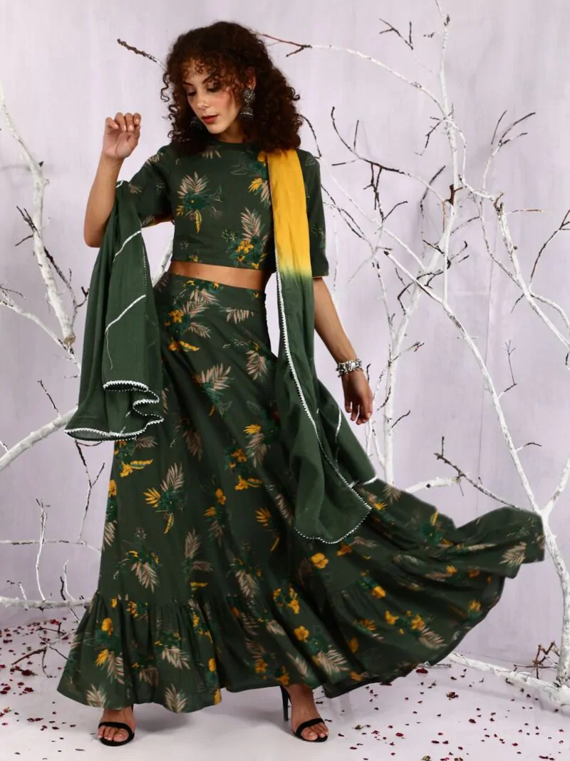 Green & Yellow Floral Printed Lehenga Choli With Tie & Dye Dupatta Set