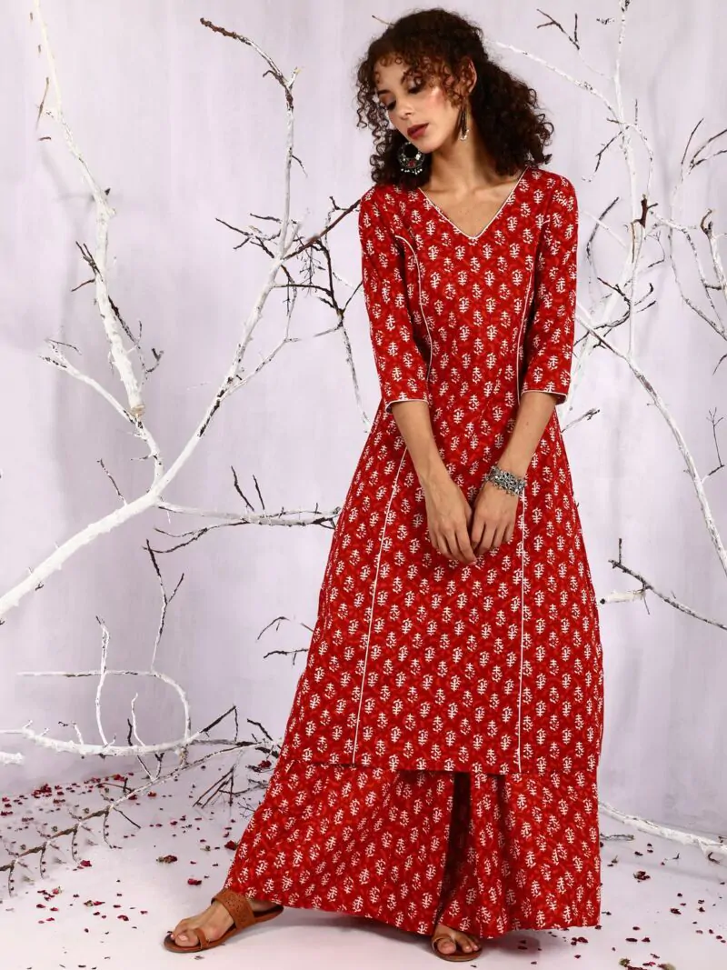Red & White Printed A-Line Kurta With Palazzo Set
