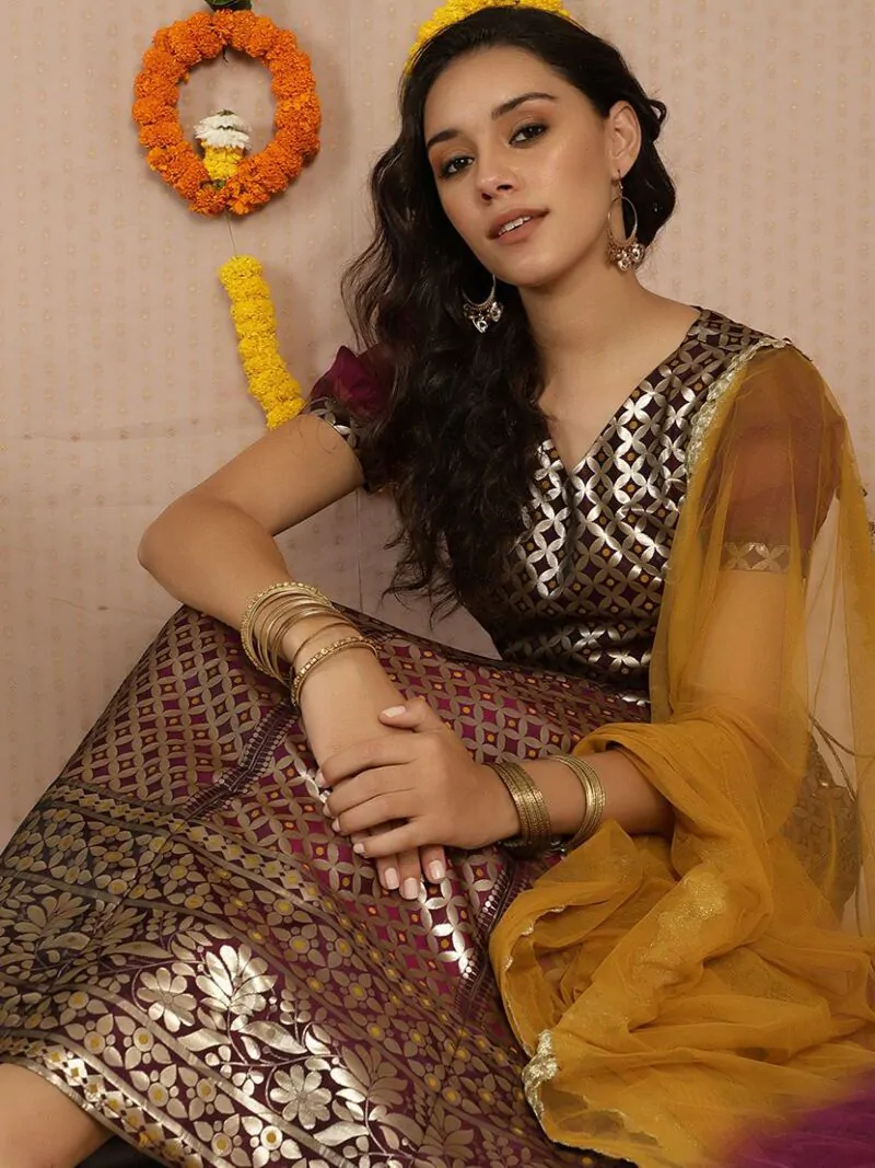 Purple & Gold Jacquard Zari Work Lehenga Choli With Net Dupatta & Potali Bag