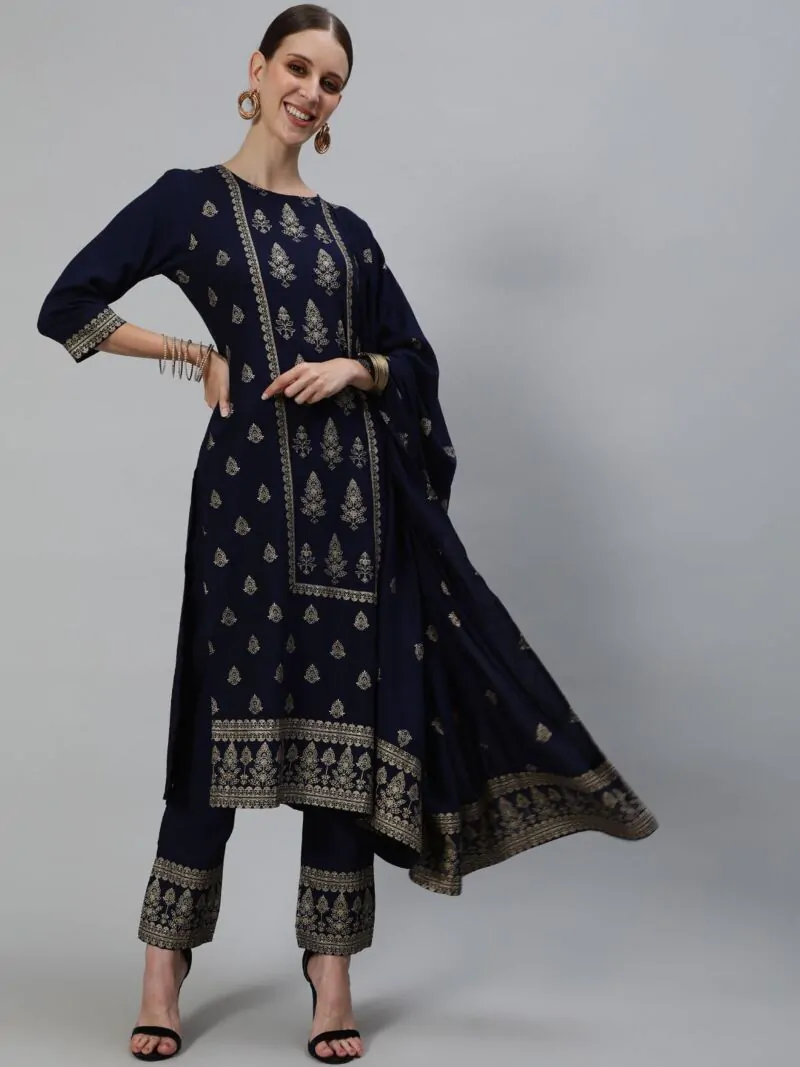 Navy Blue Gold Printed Straight Kurta & Pant With Dupatta Set