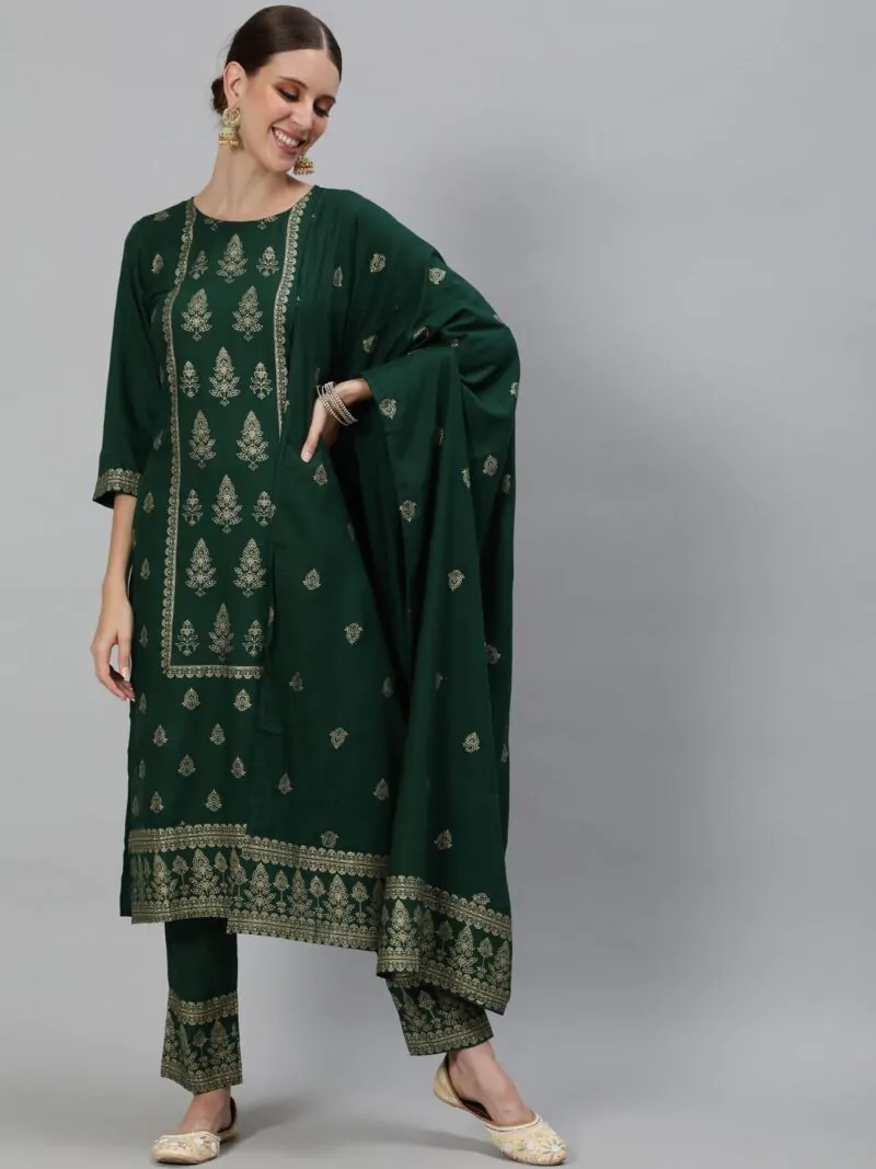 Green Gold Printed Kurta & Pant With Dupatta Set