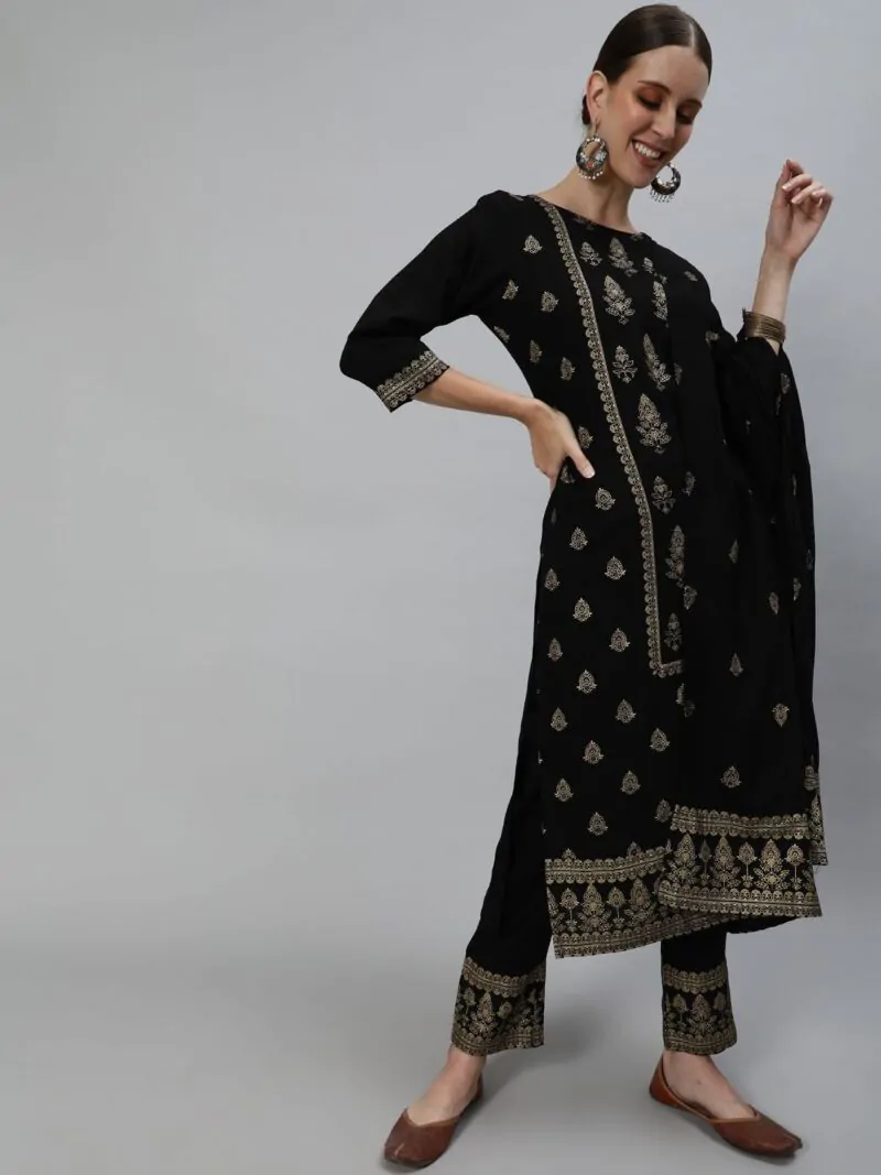 Black Gold Printed Straight Kurta & Pant With Dupatta Set