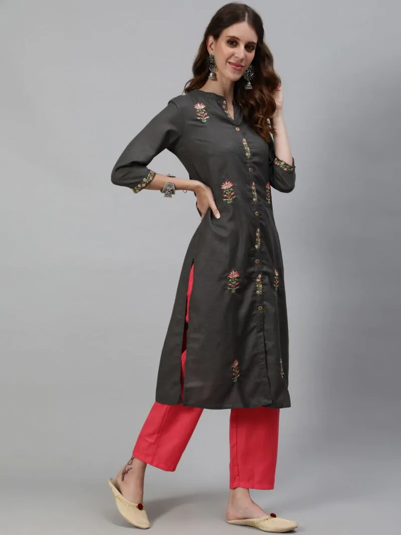 Grey Embroidered Straight Kurta With Solid Pant Set