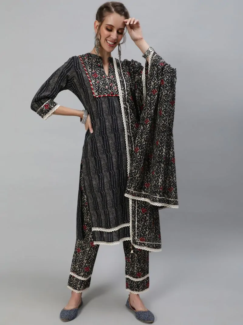 Black Floral Printed Kurtas Pant With Dupatta Set
