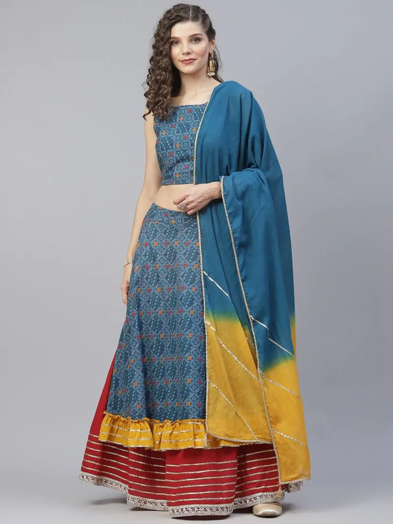 Blue & Yellow Patola Printed Layered Lehenga Choli With Tie & Dye Dupatta