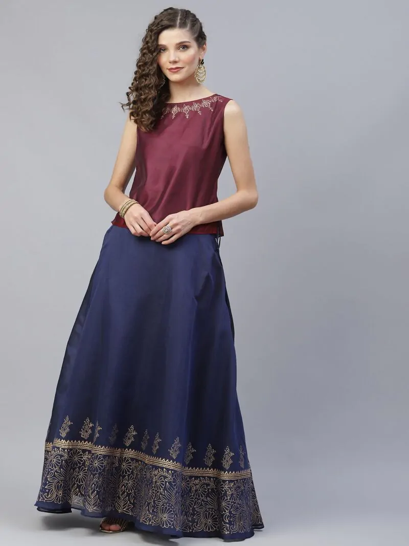 Maroon & Navy Blue Gold Block Printed Lehenga Choli