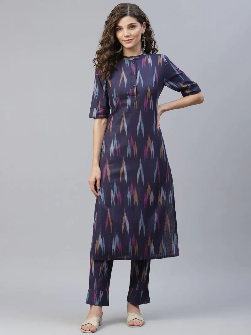 Blue Ikat Woven Design Straight Kurta With Pant Set
