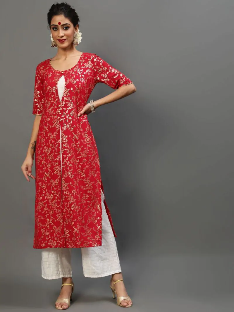 Red & White Gold Printed Layered Kurta With Palazzo Set