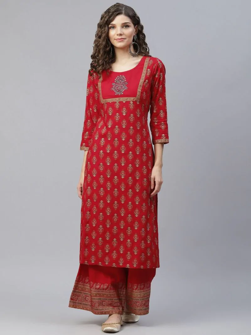 Red Gold Printed Straight Kurta With Palazzo Set