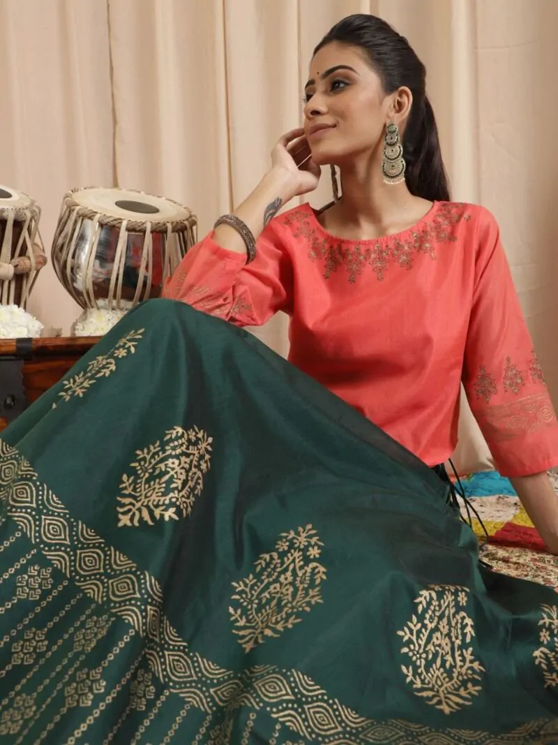 Green & Coral Block Printed Lehenga Choli