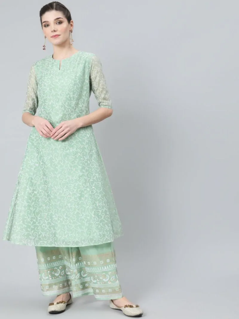 Pastle Green & White Block Printed A-Line Kurta With Palazzo Set