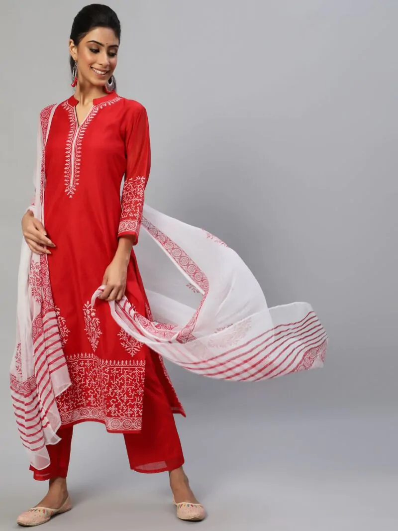 Red & White Block Printed Kurta Set With Dupatta