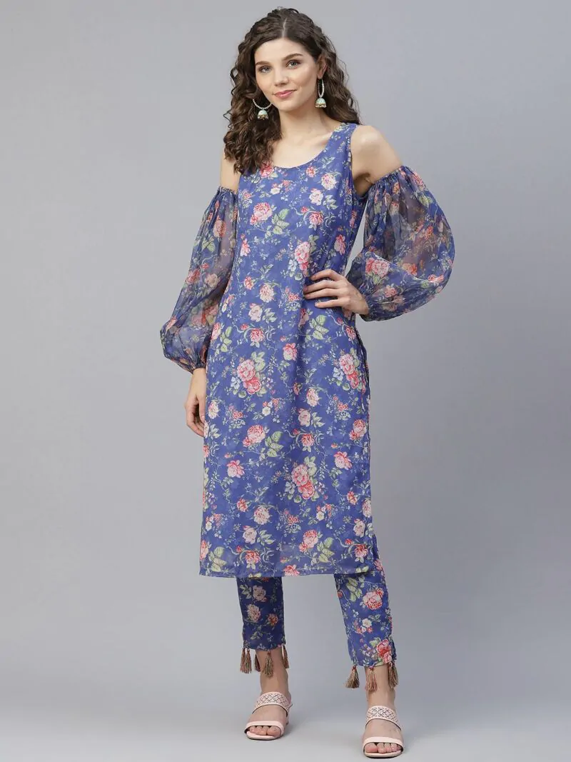 Blue & Red Floral Printed Straight Kurta Ballon Sleeve With Pant Set
