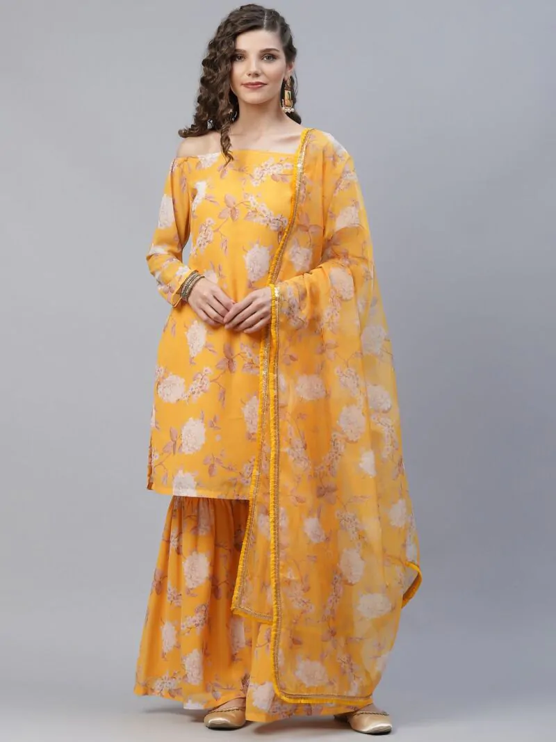Yellow & White Floral Printed Off-Shoulder Straight Kurta & Sharara With Organza Dupatta