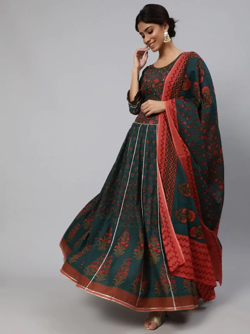 Green & Red Floral Printed Lehenga Choli With Dupatta Set