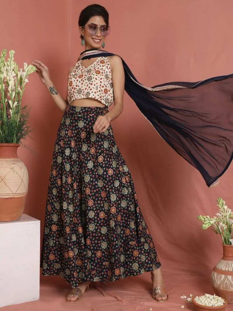 Navy Blue & White Gold Printed Lehenga Choli With Dupatta Set