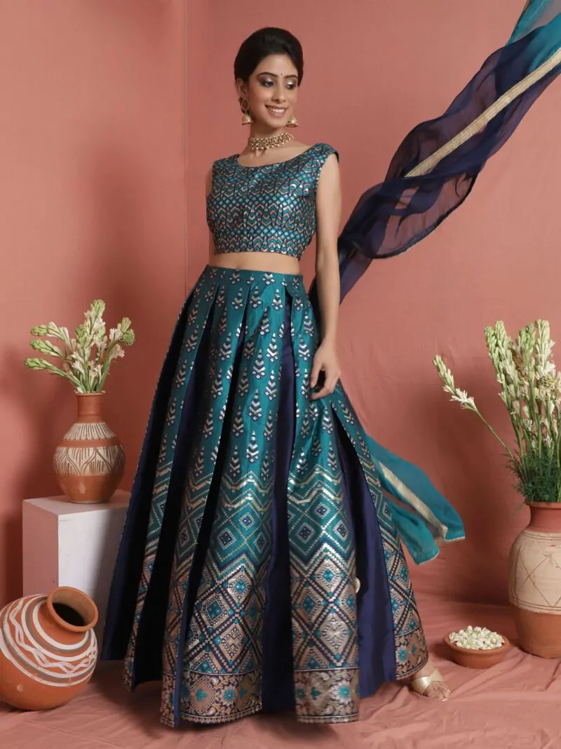 Teal Blue Gold Zari Work Lehenga Choli With Tie & Dye Dupatta