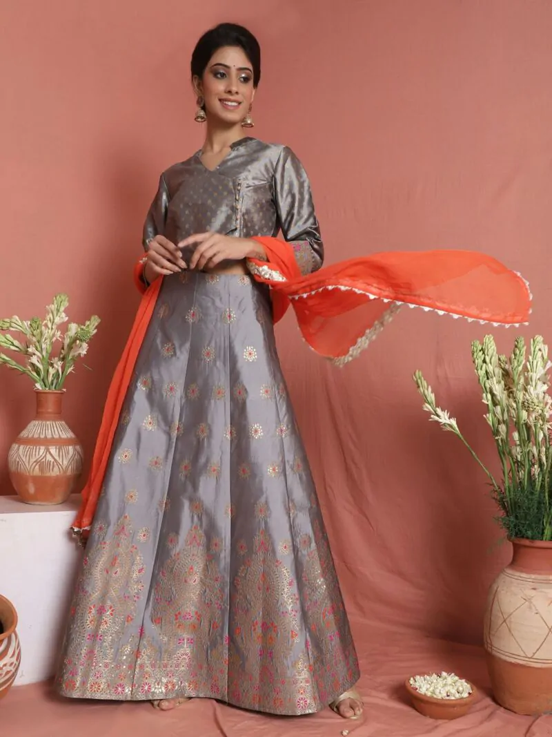 Grey Gold Brocade Zari Work Lehenga Choli With Orange Dupatta