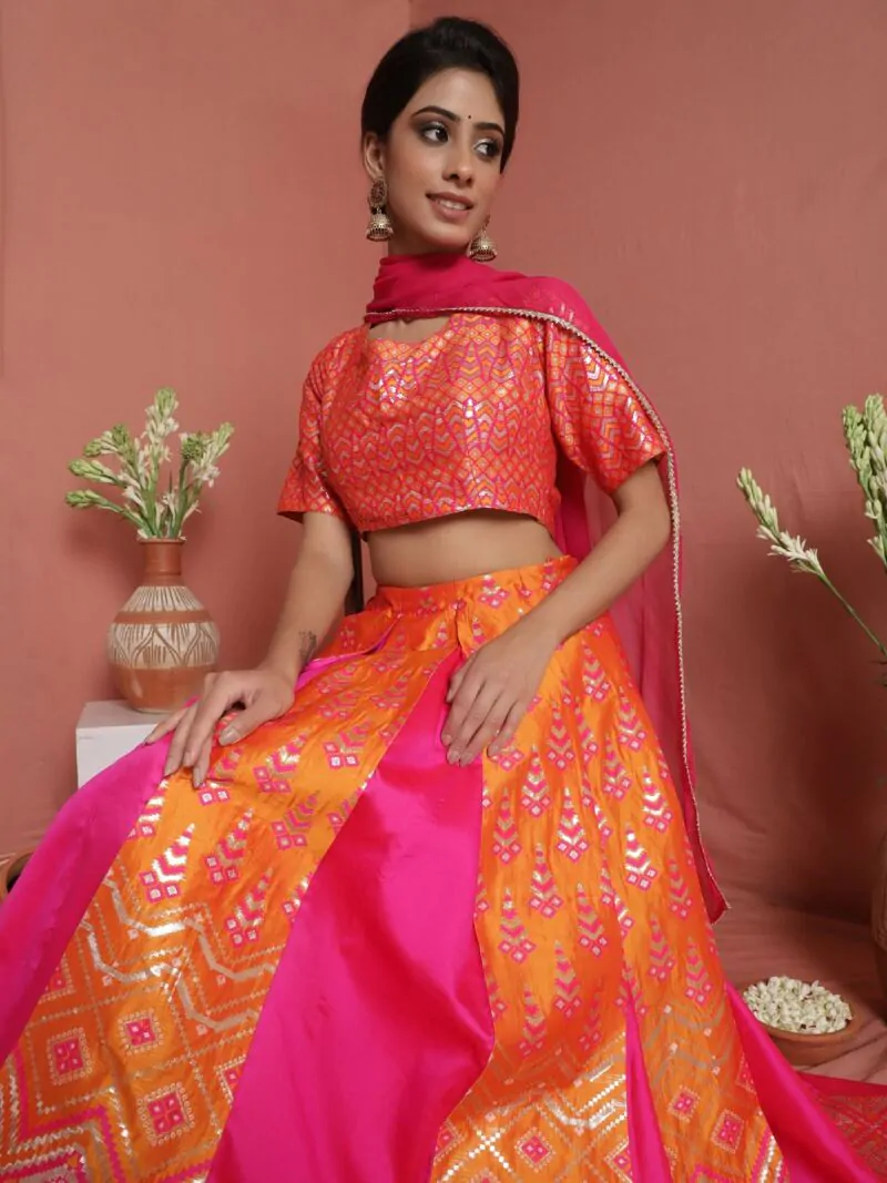 Pink & Orange Brocade Zari Work Lehenga Choli With Dupatta Set