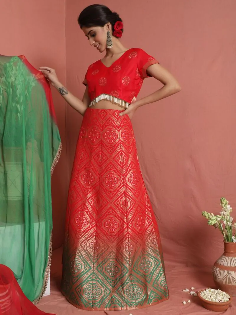 Red & Green Bandhani Woven Design Lehenga Choli With Tie & Dye Dupatta