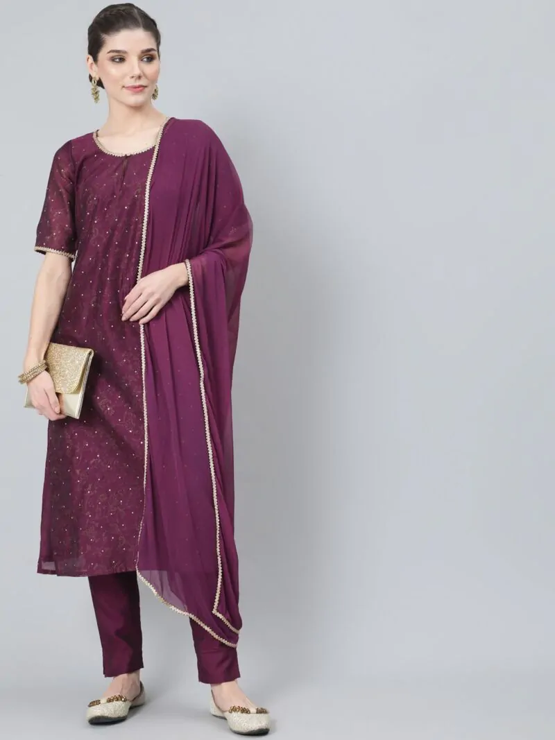 Purple Gold Printed Kurta Pant With Dupatta Set