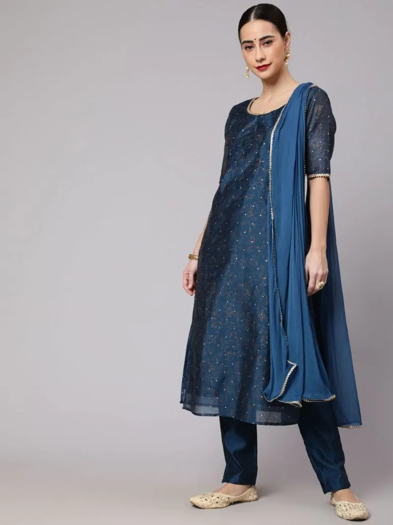 Blue Foil Printed Kurta & Pant With Dupatta Set