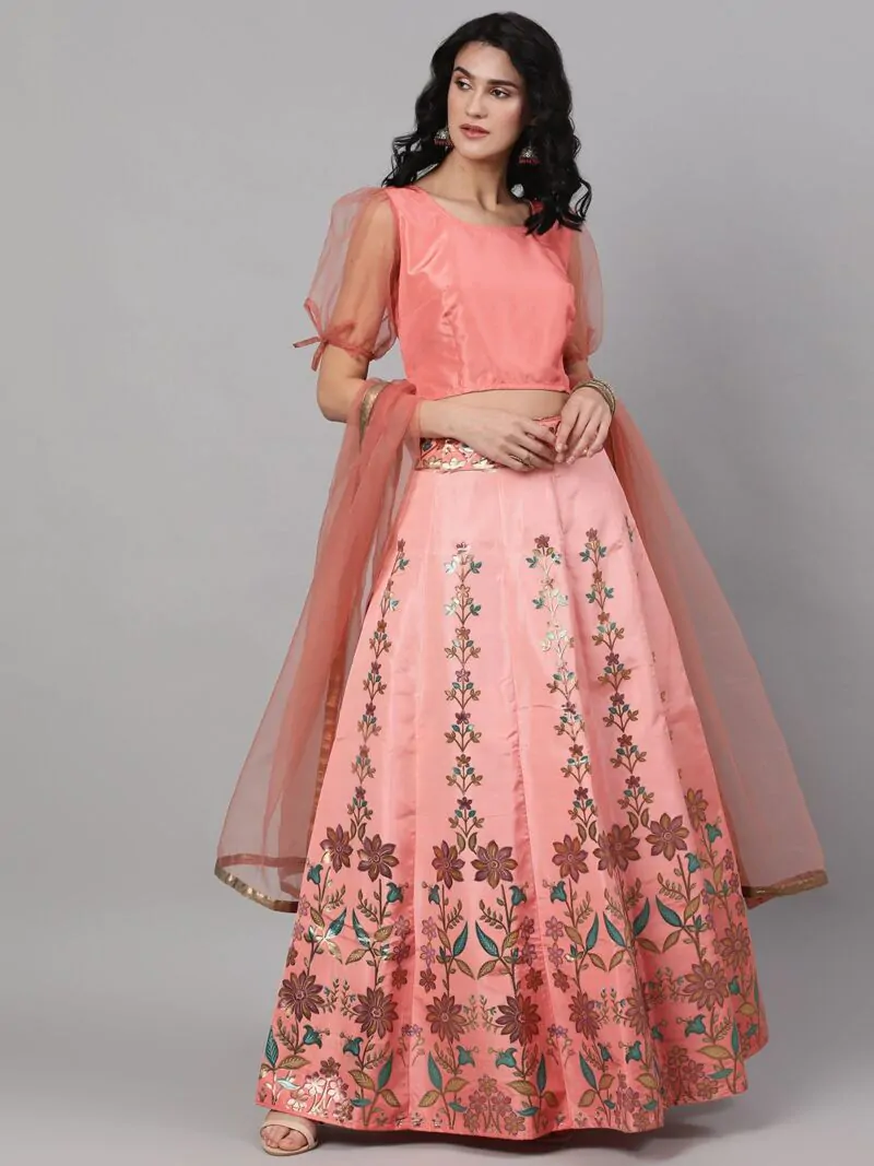 Peach Jacquard Gold Zari Work Lehenga Choli With Organza Dupatta Set