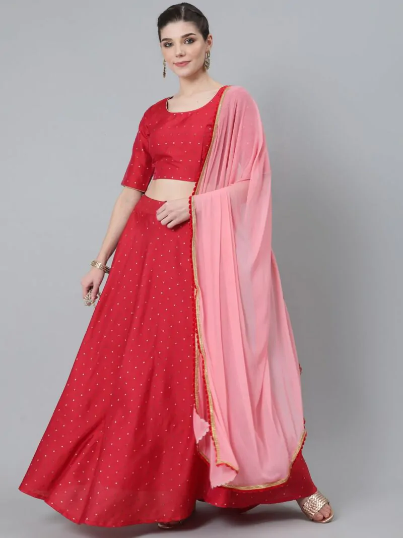 Red & Pink Dobby Woven Design Lehenga Choli With Dupatta Set