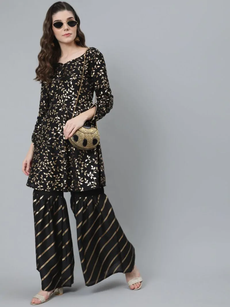 Black & Gold Foil Printed A-Line Kurta With Sharara Set