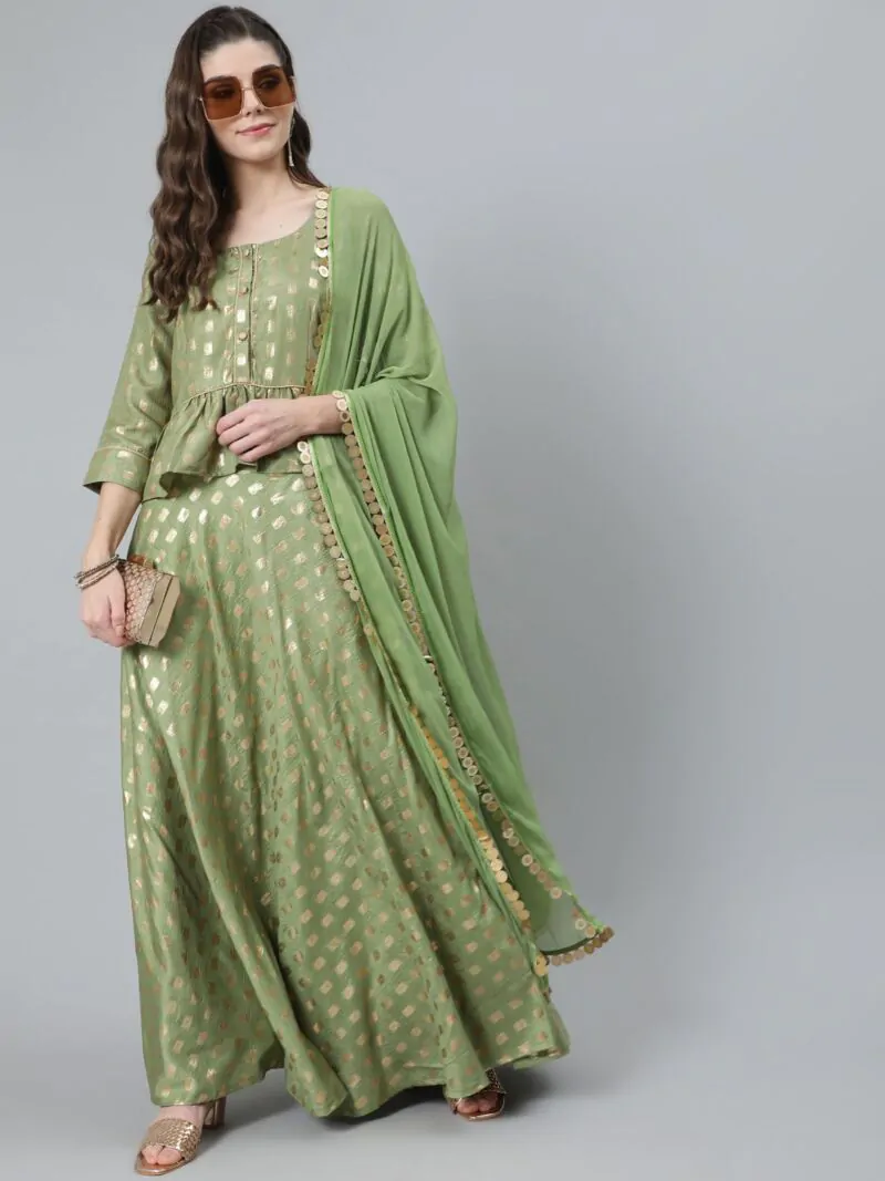 Green Gold Foil Printed Lehenga Choli With Dupatta