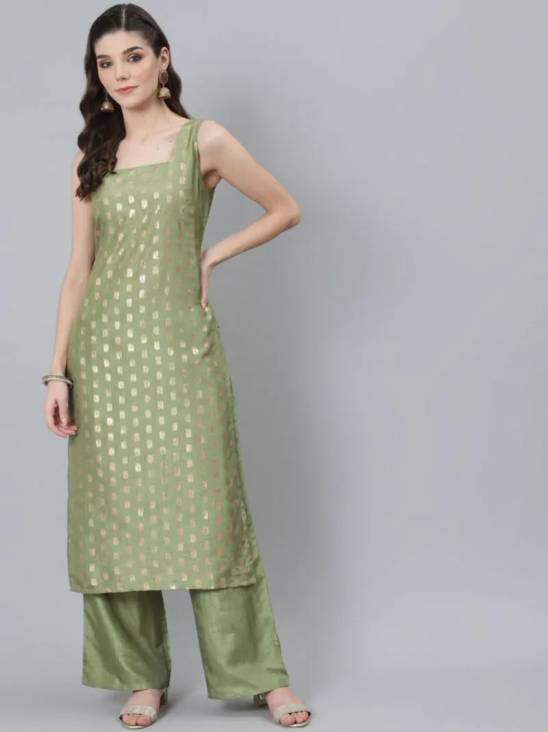 Green Gold Foil Printed Straight Kurta With Palazzo Set