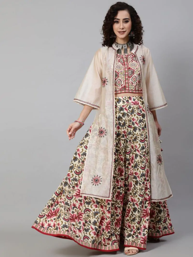 Cream & Red Floral Printed Lehenga Choli With Chanderi Embroidered Jacket