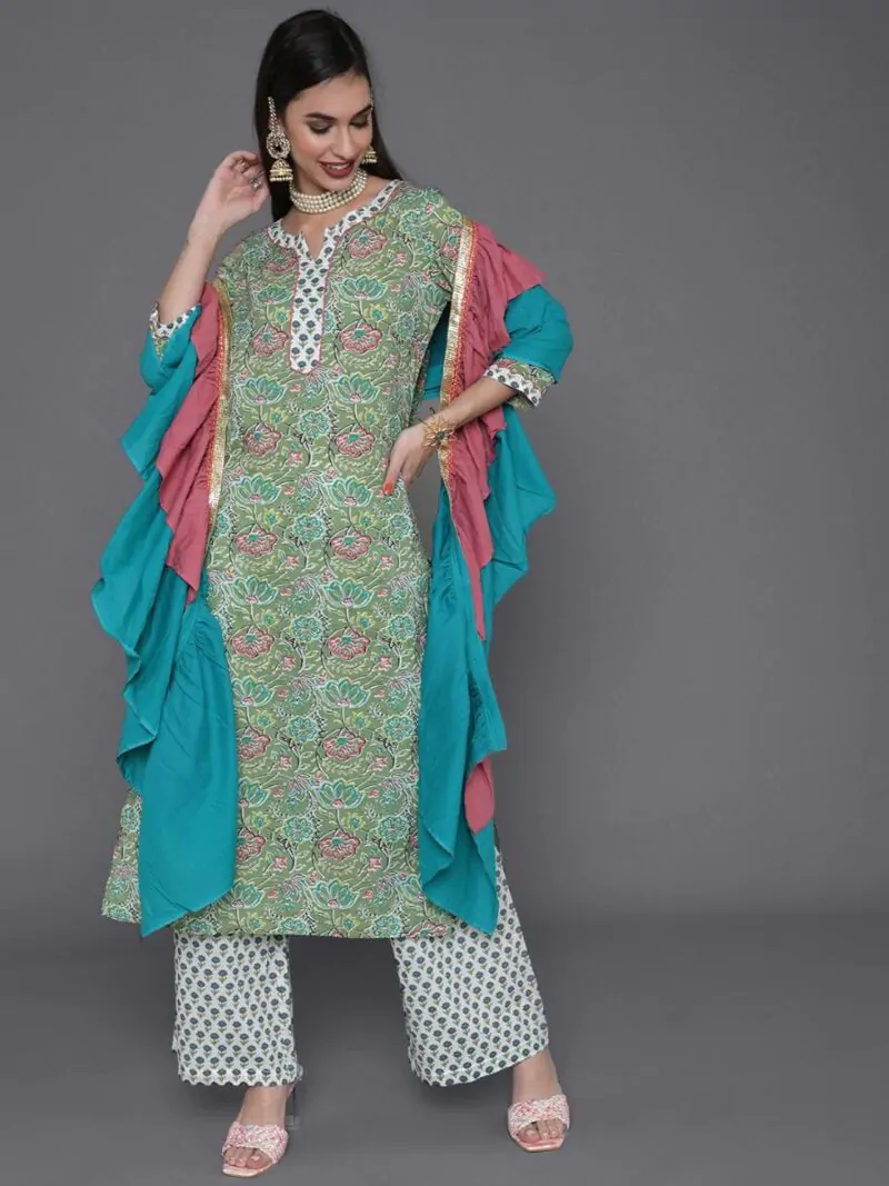 Green & Pink Floral Printed Kurta & Palazzo With Ruffle Dupatta