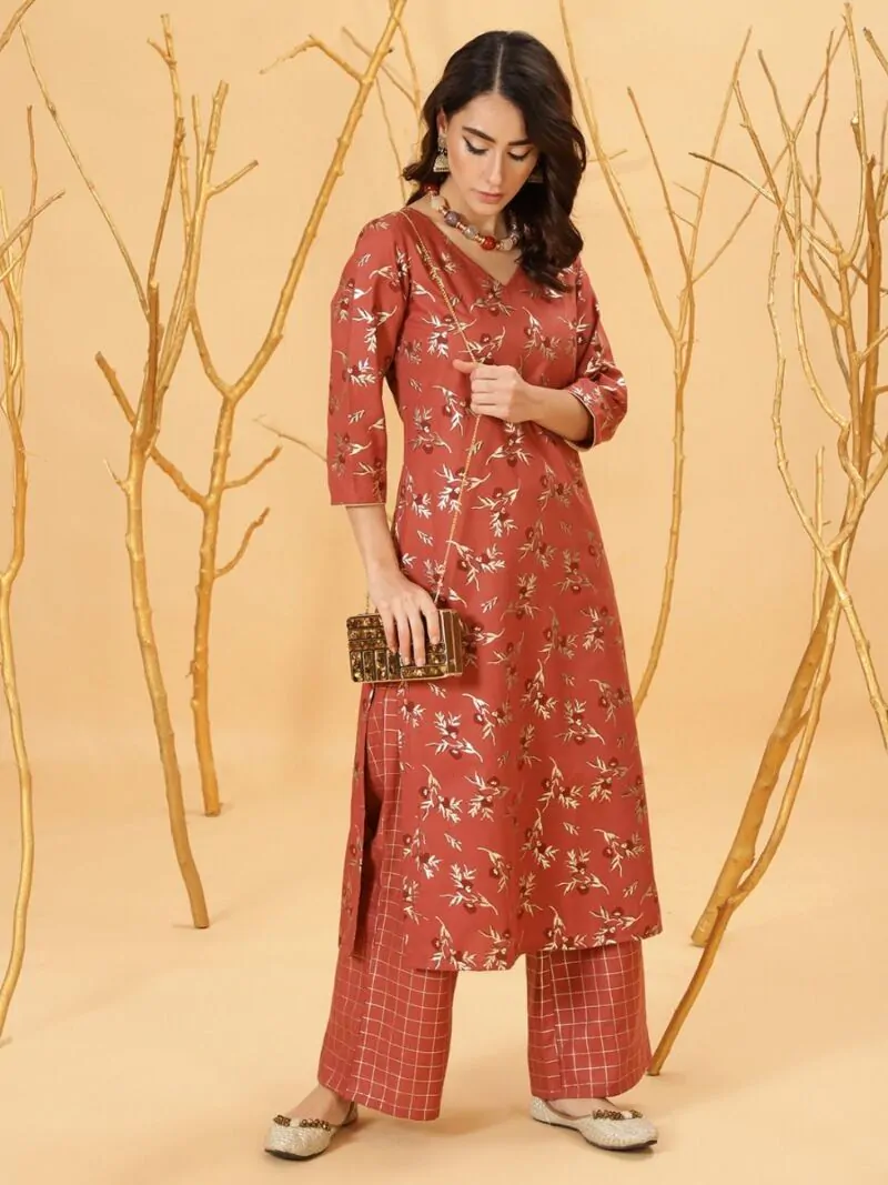 Rust Gold Floral Printed Kurta With Palazzo Set