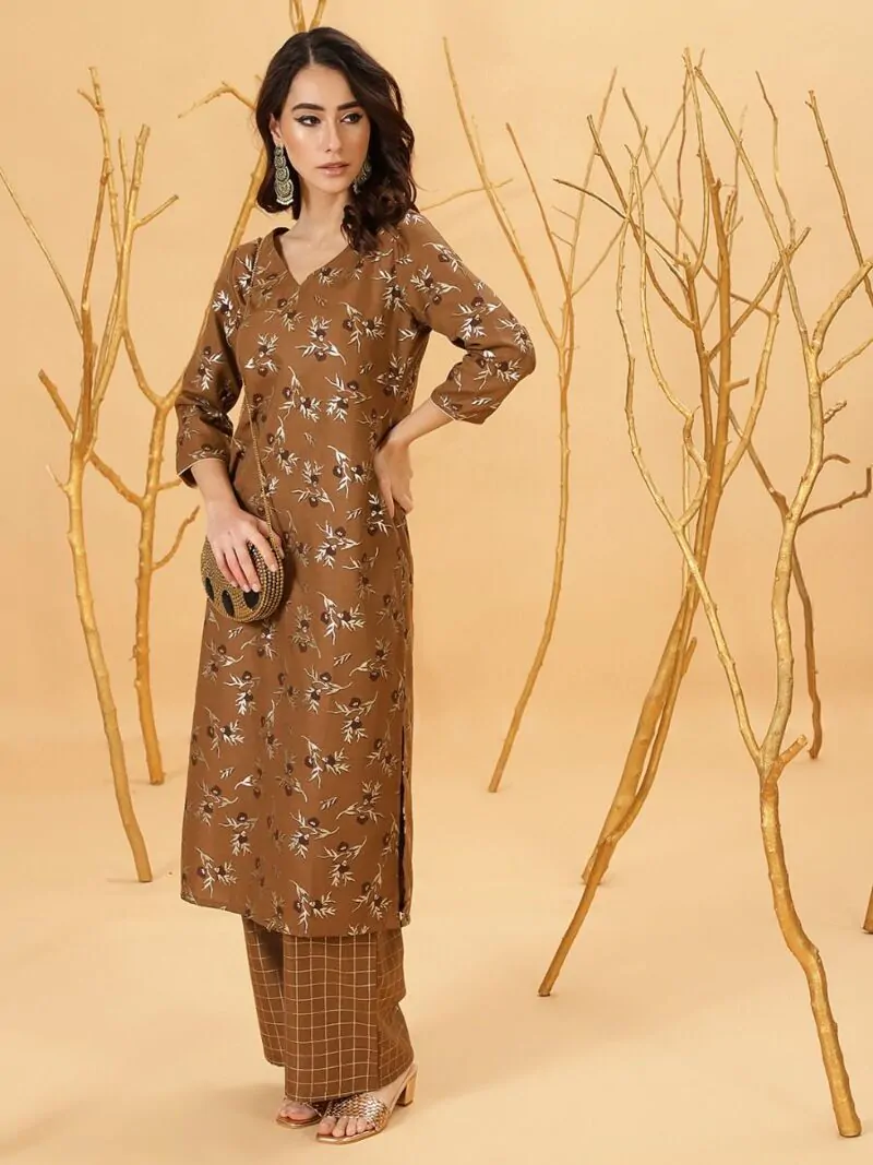 Brown Gold Floral Printed Kurta With Palazzo Set