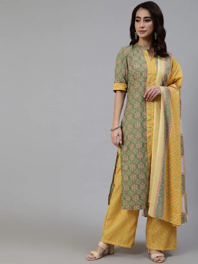 Green & Yellow Printed Straight Kurta & Palazzo With Dupatta Set