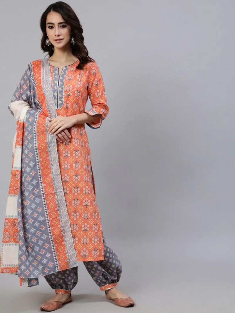 Orange & Grey Printed Straight Kurta & Balloon Palazzo With Dupatta Set
