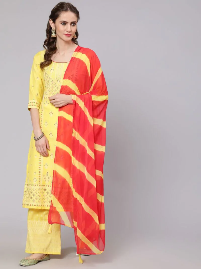 Yellow & Red Placement Printed Kurta & Palazzo With Dupatta Set