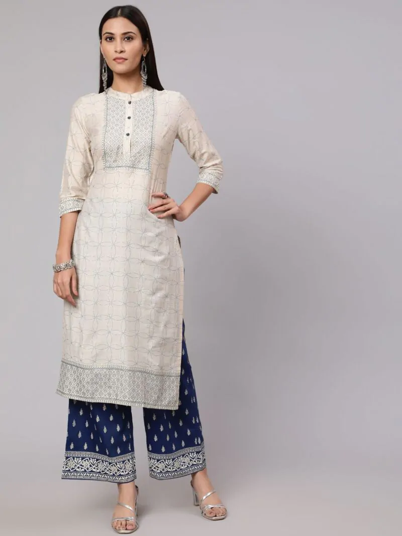 Cream & Blue Gold Placement Printed Straight Kurta With Palazzo Set