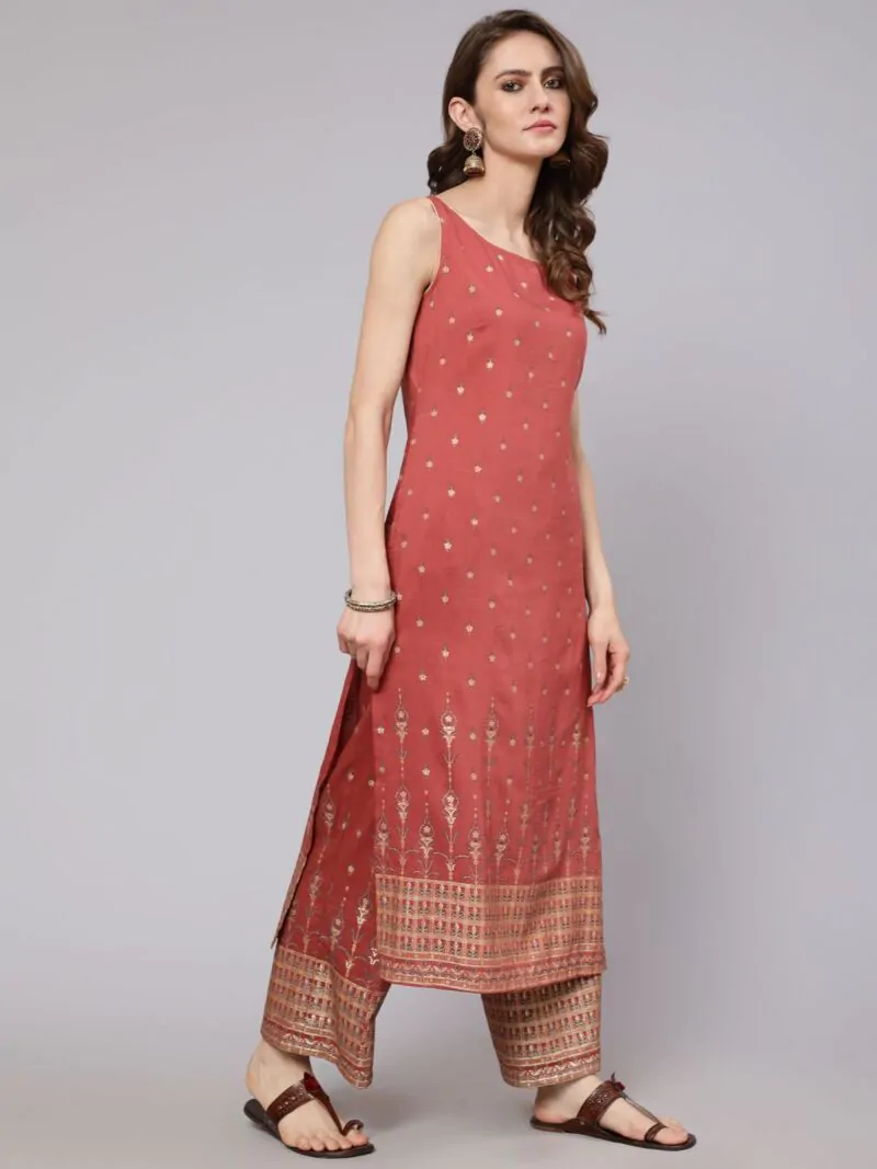 Rust Red Placement Printed Straight Kurta With Palazzo Set