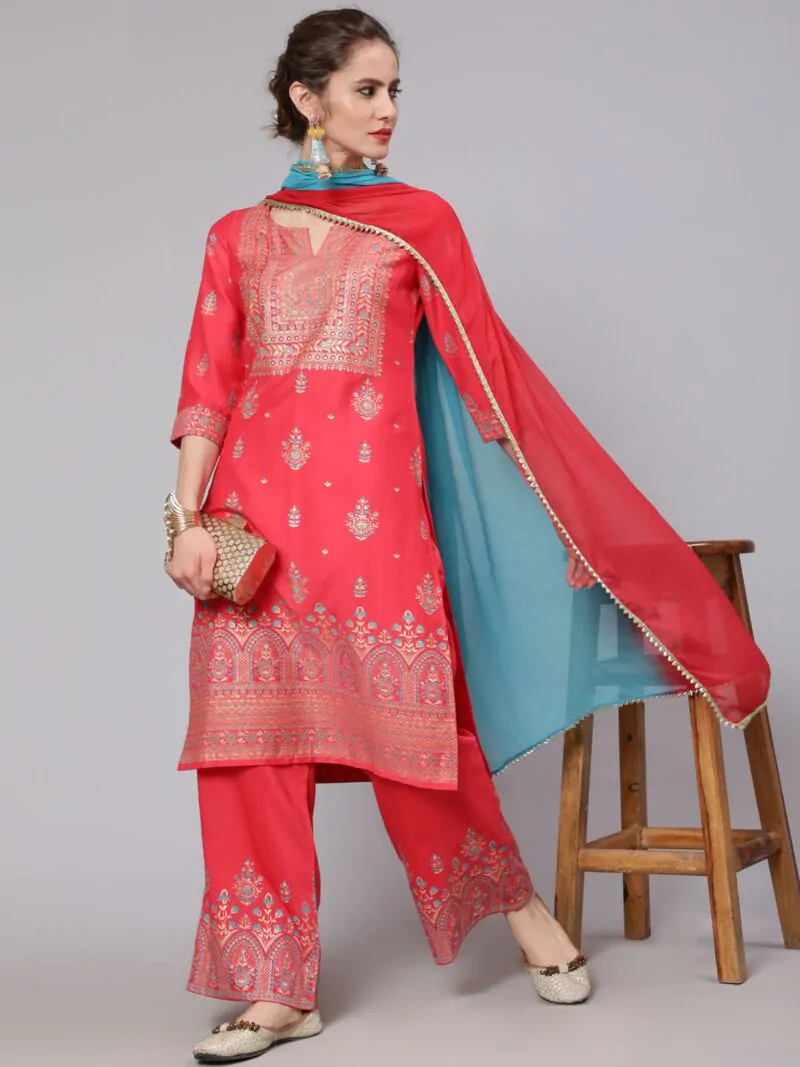 Red Placement Printed Straight Kurta & Palazzo With Dupatta Set