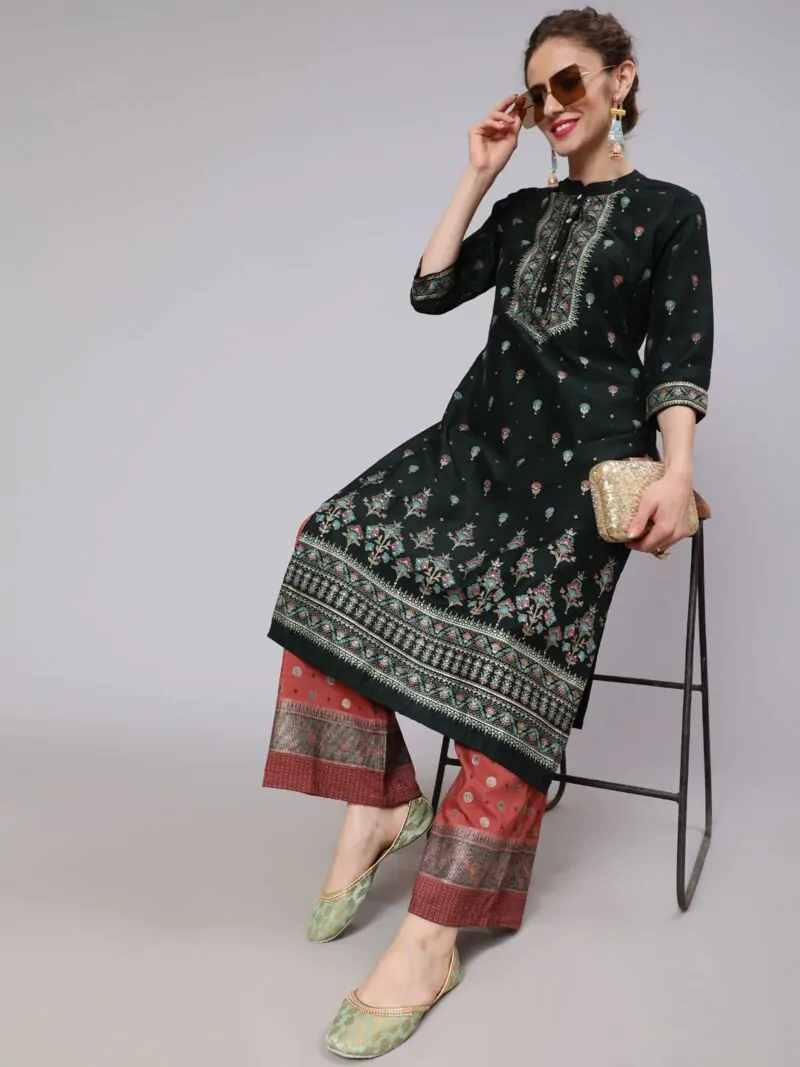 Dark Green & Rust Placement Printed Straight Kurta With Palazzo Set