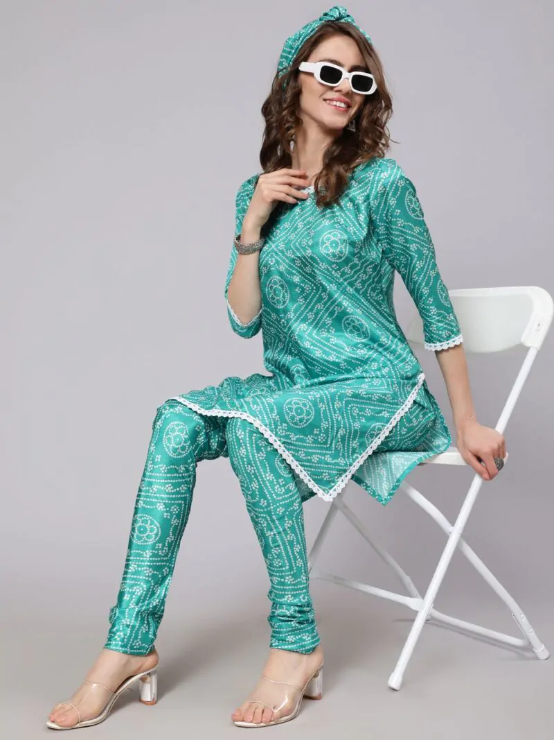 Green & White Bandhani Printed Straight Kurta With Chudidar Pant Set
