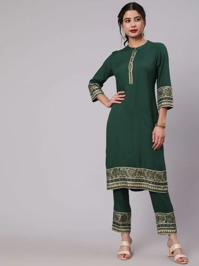 Green Gold Printed Straight Kurta With Pant Set