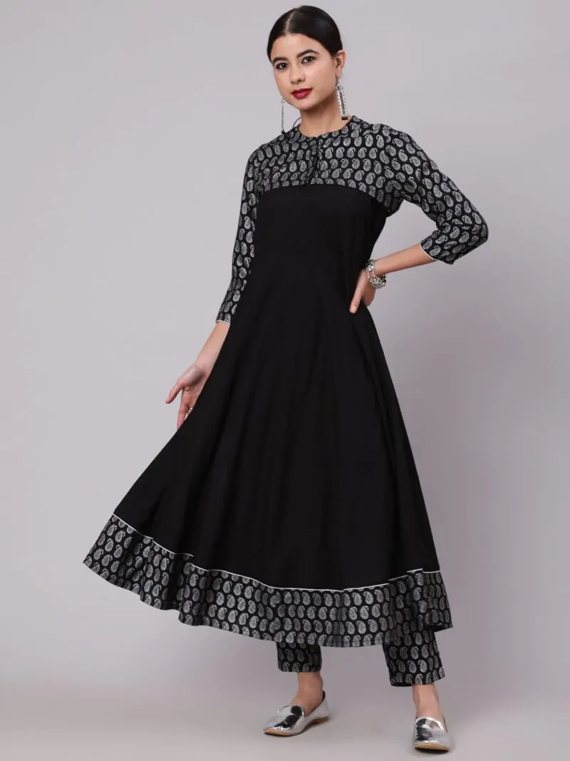 Black Sliver Printed Anarkali & Pant With Koti Set