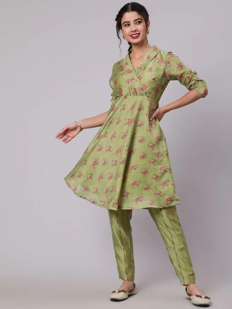Green & Red Floral Printed A-Line Kurta With Pant Set