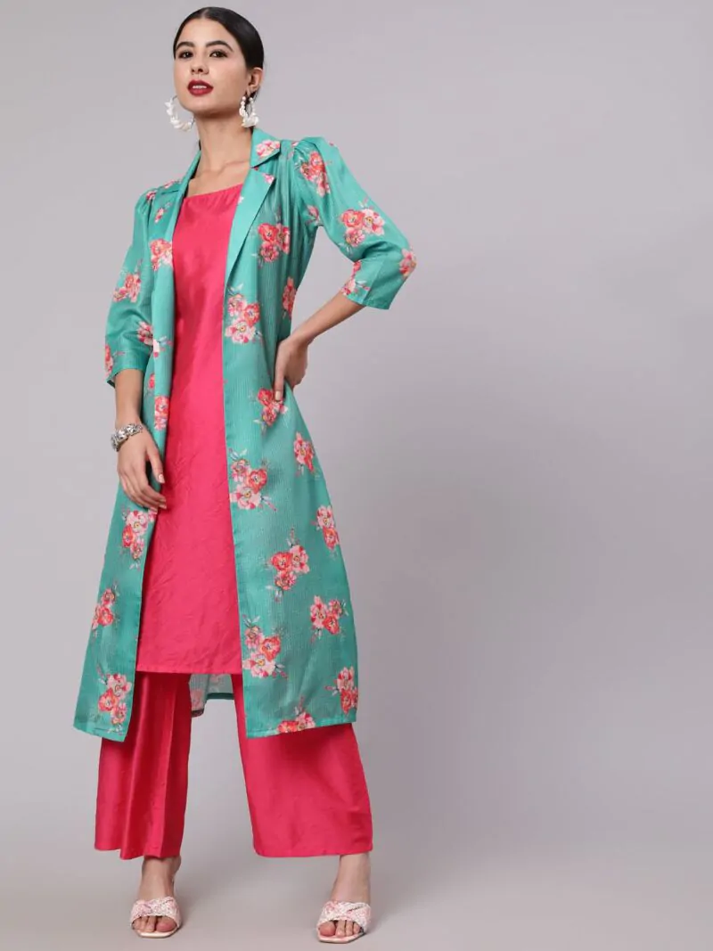 Green & Pink Floral Printed Kurta & Palazzo With Jacket Set