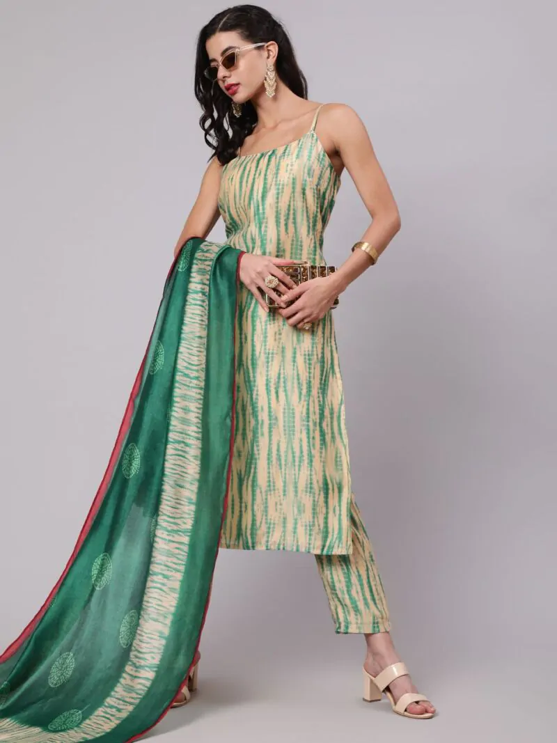 Cream & Green Shibori Printed Straight Kurta & Pant With Dupatta Set