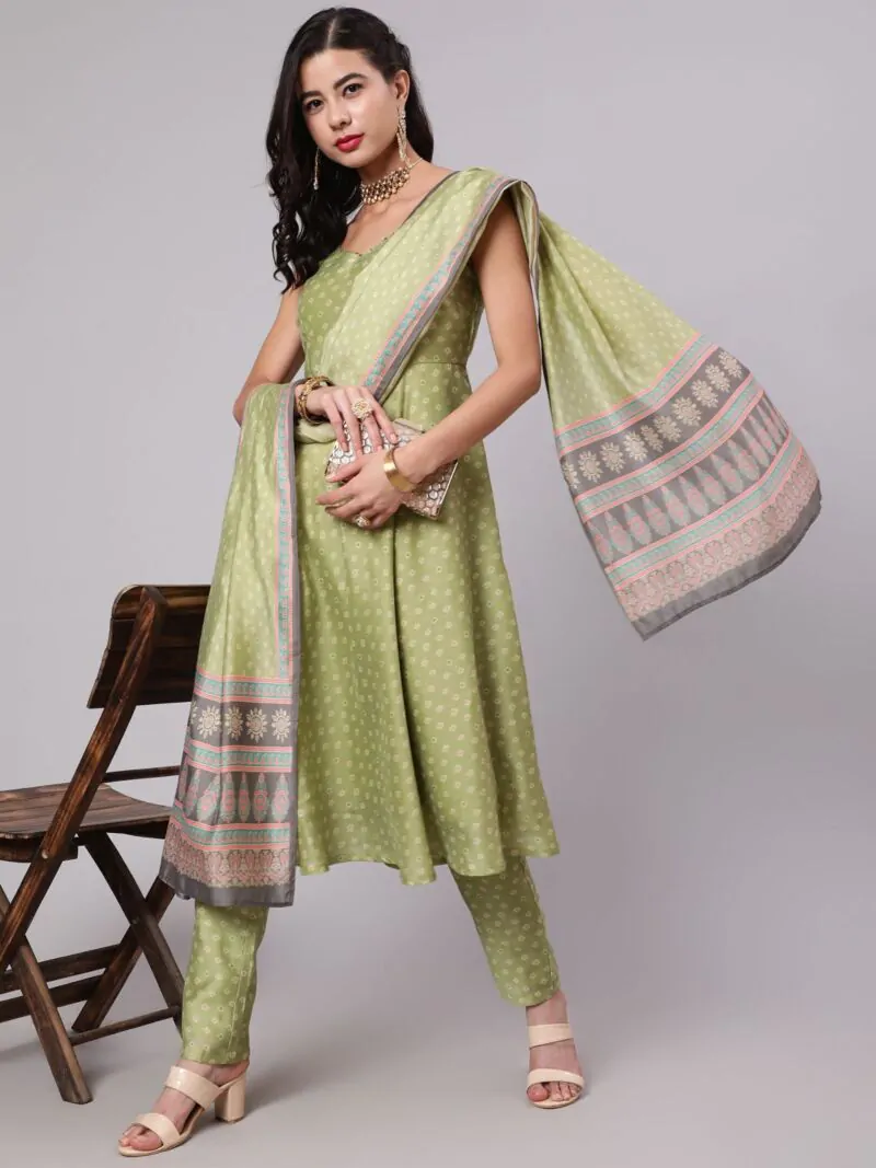 Light Green Printed Anarkali & Pant With Dupatta Set